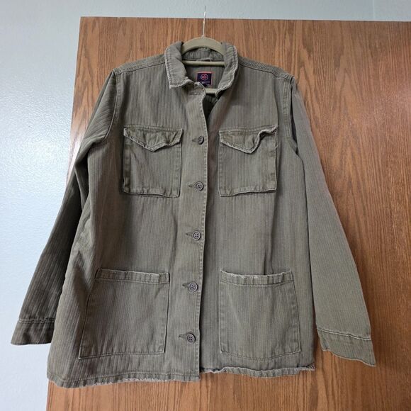 Boom Boom Jeans Jacket L Skull Green Floral Embroidered Button Military Style - Picture 2 of 14